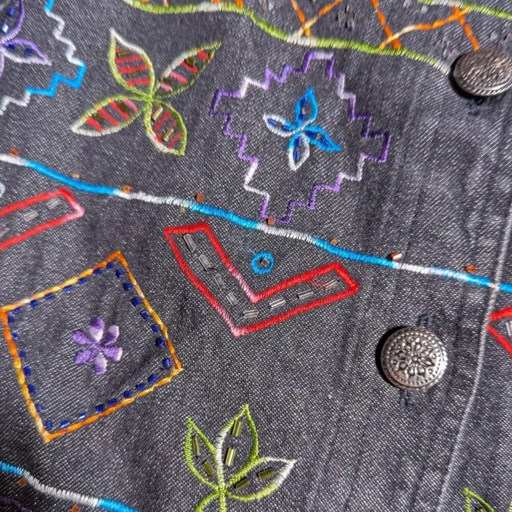 Vtg 1990s New Direction Black Tribal Floral Embroidered Cotton Denim Jacket M
